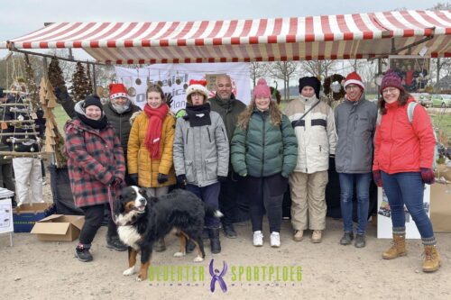 Inline skaters en familie druk op koude kerstmarkt